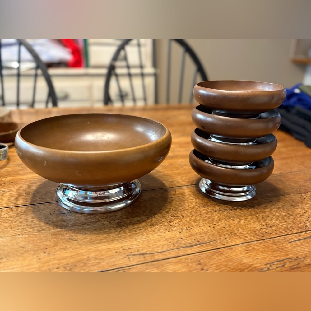 MCM Vintage Hellerware Warm Wooden Salad Bowl Set w/ Chrome Base